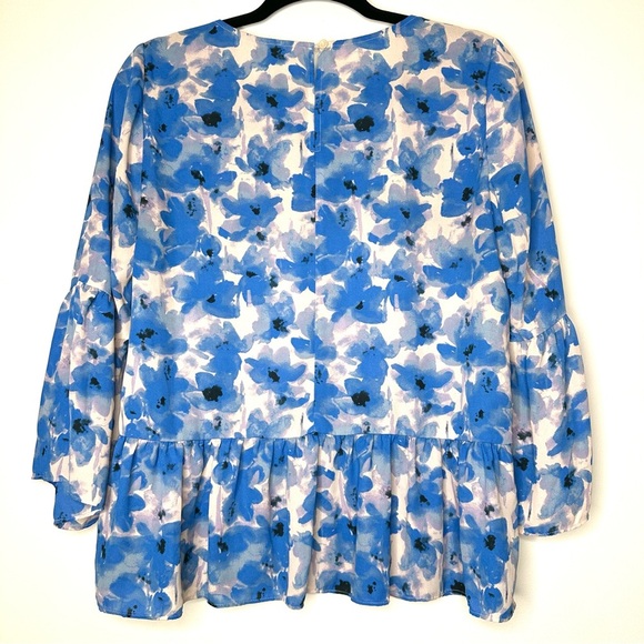 Women’s J Crew Floral Peplum Top Shirt Ruffled Blue Off White - Picture 2 of 8